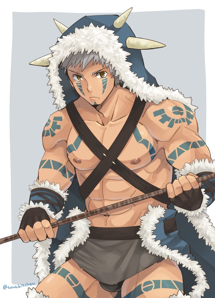 1boy abs bare_chest black_gloves blue_background brown_eyes bulge closed_mouth dark_skin dark_skinned_male fingerless_gloves fur_trim gloves holding holding_weapon hood horns looking_at_viewer male_focus muscle navel nipples simple_background solo tattoo torakichi_(ebitendon) weapon