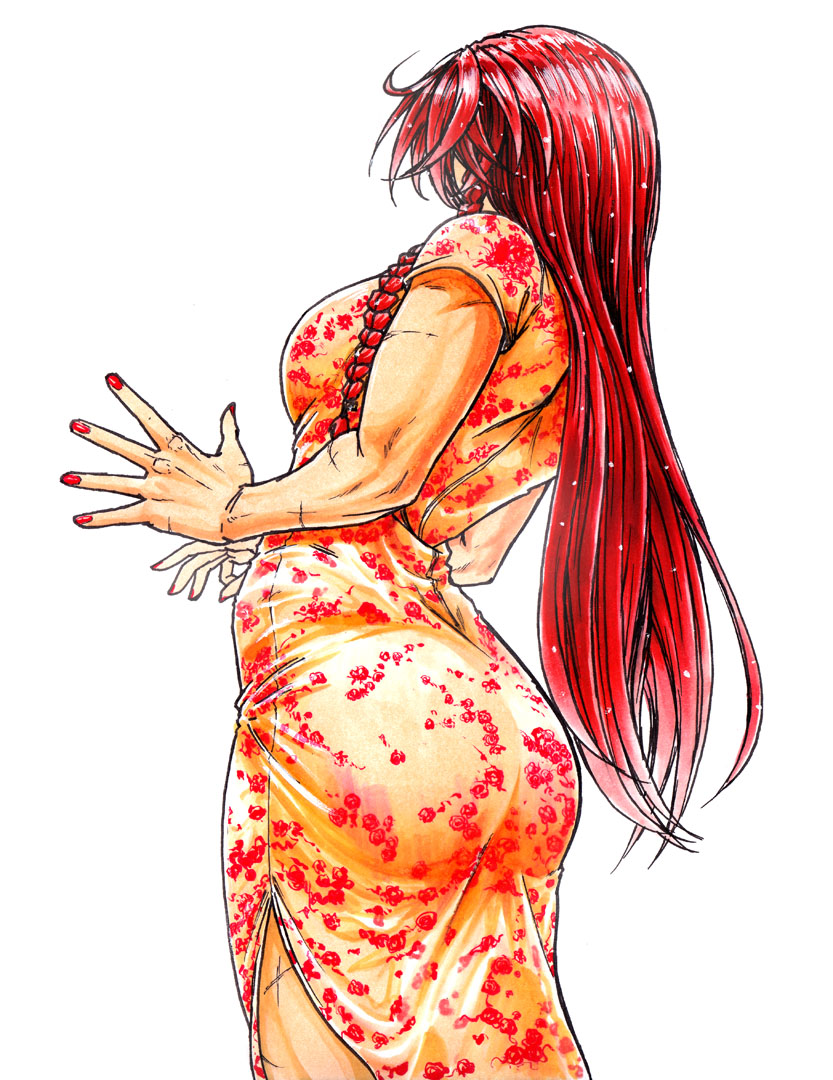 1girl arched_back ass braid breasts china_dress chinese_clothes commentary_request dress from_behind hands_up hidden_face hong_meiling koyubi_(littlefinger1988) large_breasts long_hair muscle muscular_female nail_polish red_nails redhead scar short_sleeves side_slit simple_background solo spread_fingers standing taut_clothes taut_dress touhou very_long_hair white_background