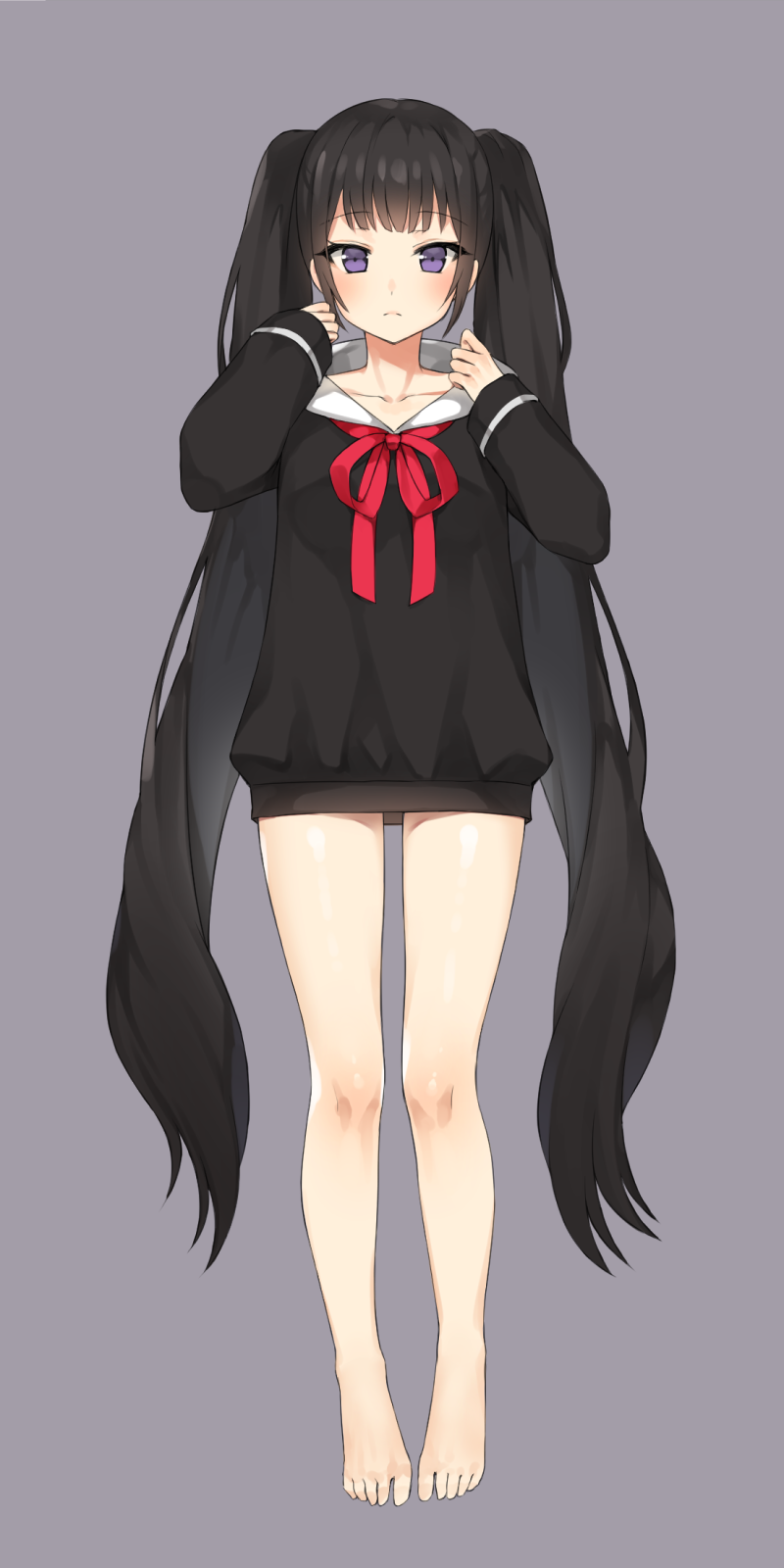 1girl bare_legs barefoot black_shirt blush canape_(canape0130) closed_mouth collarbone full_body grey_background hands_up highres long_hair long_sleeves looking_at_viewer neck_ribbon original red_ribbon ribbon shirt simple_background sleeves_past_wrists solo standing twintails very_long_hair violet_eyes