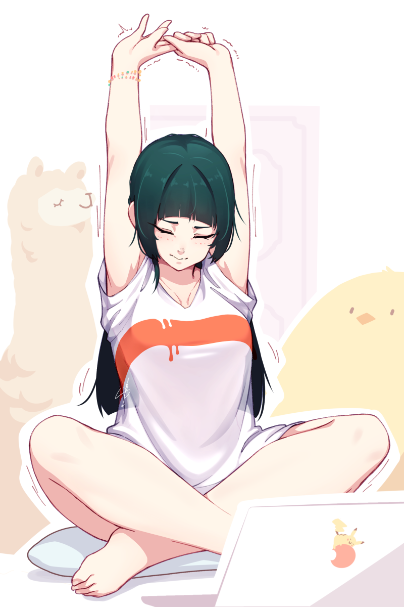 1girl armpit_peek arms_up bangs bare_legs barefoot blunt_bangs blush bracelet closed_mouth collarbone computer creatures_(company) cushion dev facing_viewer full_body game_freak gen_1_pokemon green_hair highres indian_style jewelry laptop long_hair motion_lines nintendo no_pants original own_hands_together pikachu pokemon shirt short_sleeves signature sitting smile solo straight_hair stretch stuffed_alpaca stuffed_chicken v-neck white_shirt