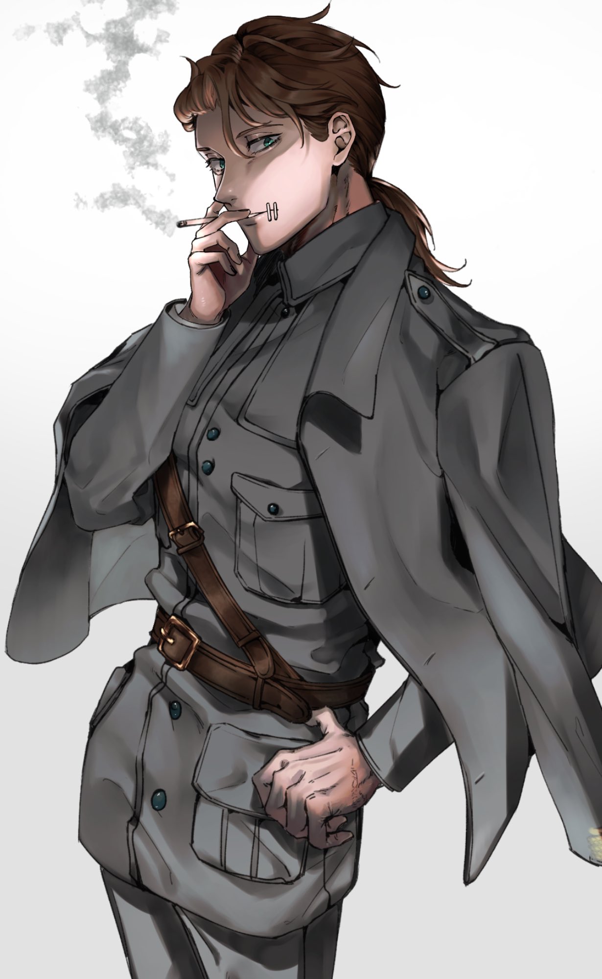 0niku_mimizuku 1boy belt brown_belt brown_hair cigarette collared_jacket cowboy_shot curtained_hair green_eyes grey_jacket grey_pants hand_on_hip highres holding holding_cigarette identity_v jacket jacket_on_shoulders looking_at_viewer low_ponytail male_focus military military_uniform naib_subedar naib_subedar_(colonel_dax) official_alternate_costume pants parted_lips sam_browne_belt scar_on_hand shaded_face sideways_glance simple_background smoke smoking solo stitched_mouth stitches symbol-only_commentary uniform white_background