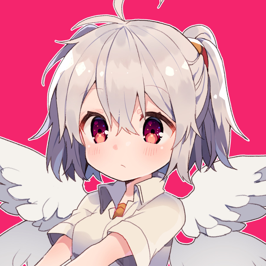 1girl ahoge angel_chromosome_xx blush closed_mouth collared_shirt grey_hair ikeuchi_tanuma multiple_wings neon_genesis_evangelion pink_background red_eyes shirt short_hair short_sleeves simple_background solo tabris tabris-xx two_side_up upper_body white_shirt wing_collar wings