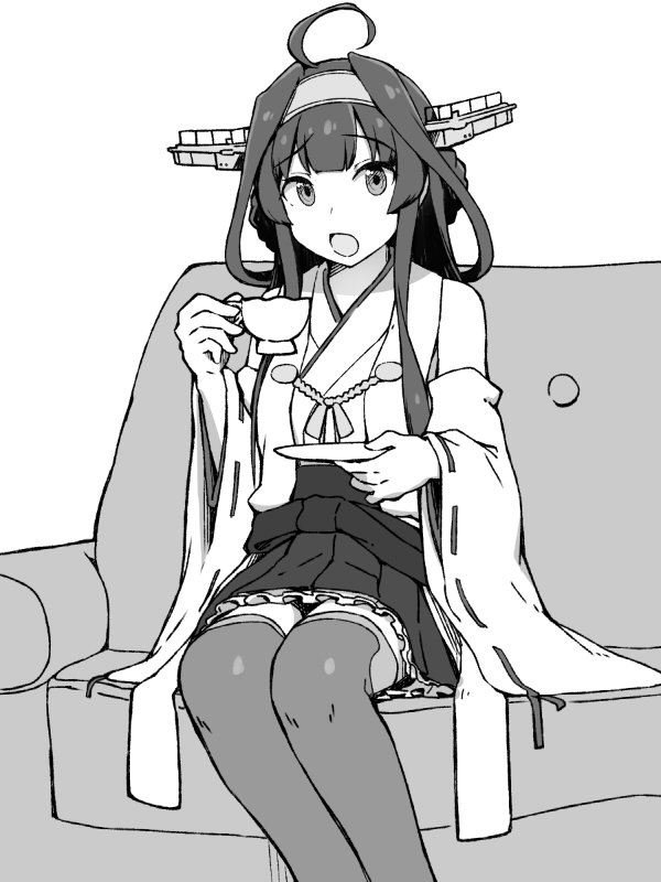 1girl ahoge boots commentary_request couch cup detached_sleeves double_bun feet_out_of_frame greyscale hairband headgear japanese_clothes kantai_collection kongou_(kantai_collection) long_hair looking_at_viewer monochrome nakaaki_masashi nontraditional_miko ribbon-trimmed_sleeves ribbon_trim saucer sitting solo teacup thigh-highs thigh_boots