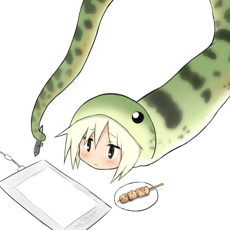 1girl bangs black_eyes blush closed_mouth drawing_tablet eyebrows_visible_through_hair food hair_between_eyes holding holding_stylus lying on_stomach original plate prehensile_tail simple_background skewer snake_costume solo stylus tablet tail white_background yakihebi