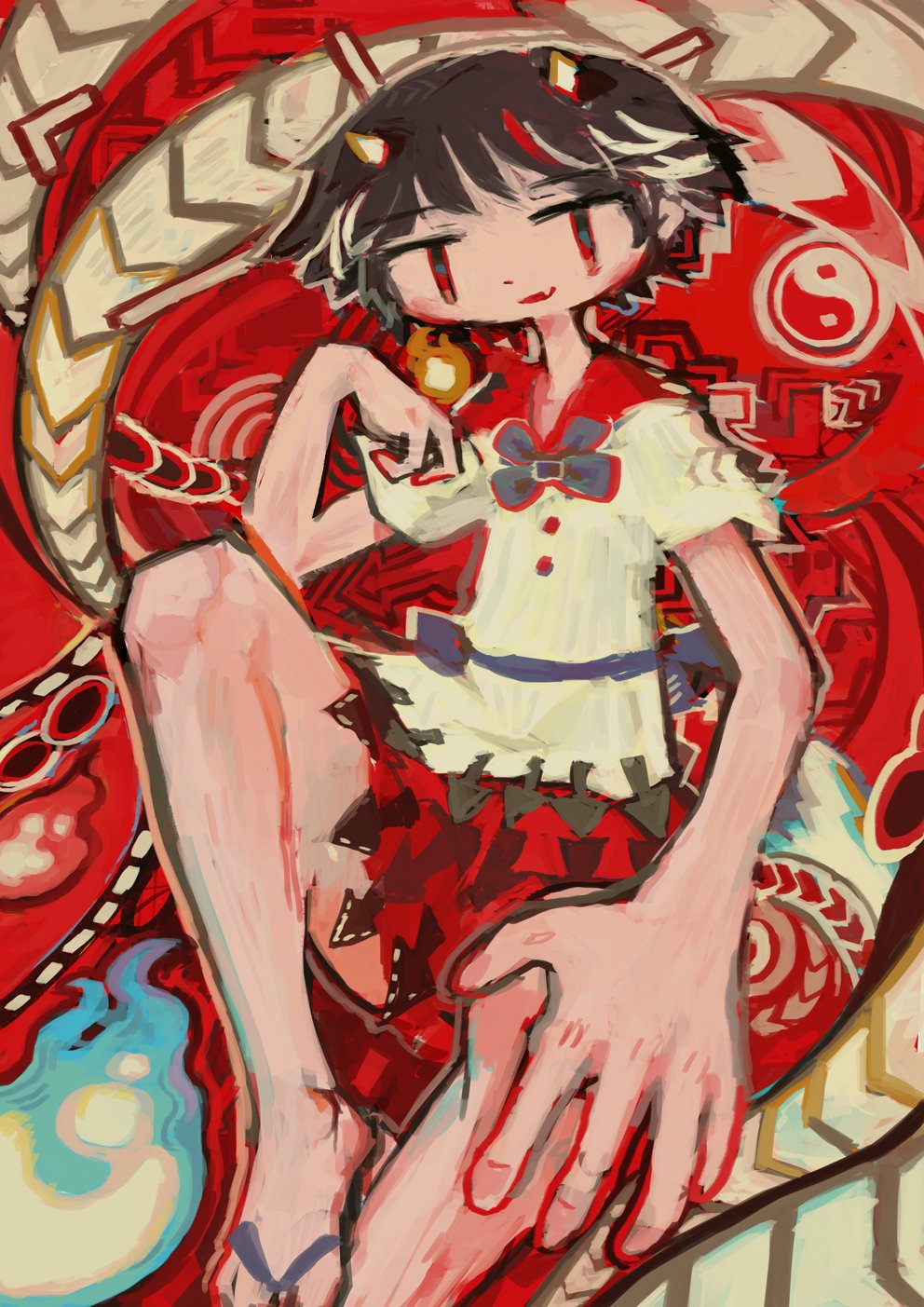 1girl abstract arrow bare_legs black_hair blue_fire eyebrows_visible_through_hair fang fire highres hito_(nito563) kijin_seija large_hand leg_up looking_at_viewer multicolored_hair open_mouth red_eyes sandals shirt short_hair short_sleeves skirt smile solo streaked_hair touhou white_shirt yin_yang