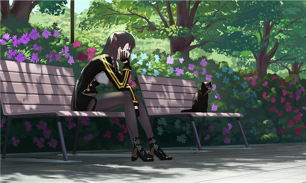 1girl bangs bench black_footwear black_legwear black_skirt blazer breasts cat closed_mouth day eyebrows_visible_through_hair flower framed_breasts full_body girls_frontline gloves hair_ribbon half_updo head_on_hand high-waist_skirt jacket large_breasts leaning_forward long_hair looking_at_animal necktie one_side_up outdoors pantyhose purple_hair red_eyes red_neckwear ribbon shade shirt shoes sitting skirt solo tree very_long_hair wa2000_(girls_frontline) wasabi60