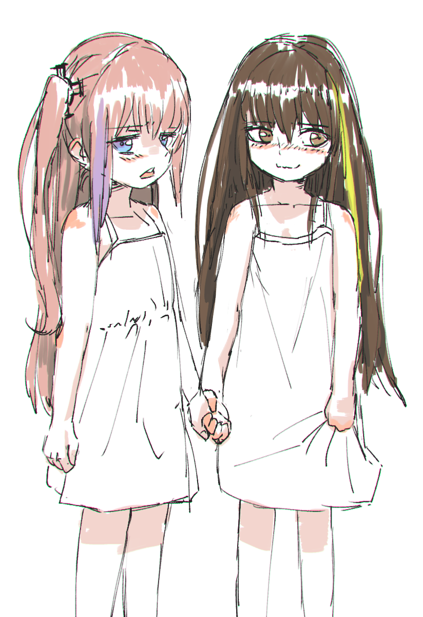 2girls blue_eyes blush brown_eyes brown_hair dress girls_frontline hand_holding highlights highres m4a1_(girls_frontline) multicolored_hair multiple_girls pink_hair sd_bigpie st_ar-15_(girls_frontline) white_dress younger