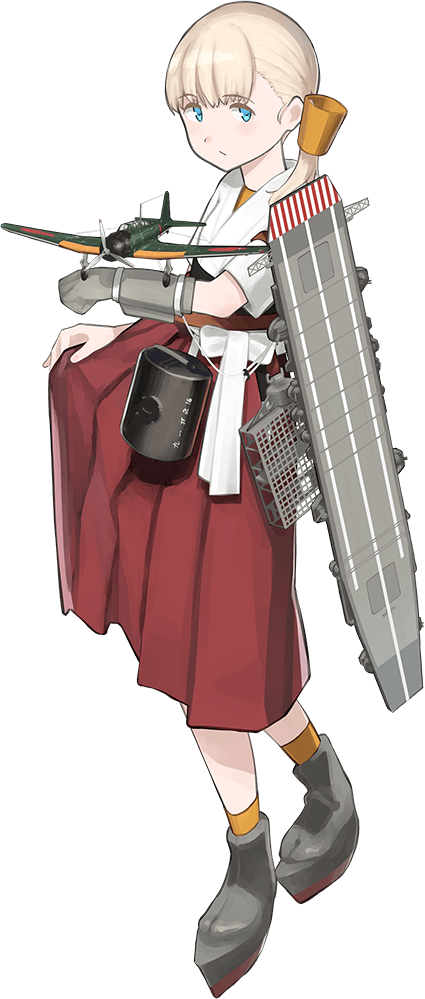 1girl aircraft blonde_hair eyebrows_visible_through_hair flight_deck gloves green_eyes hair_ribbon hakama_skirt japanese_clothes kantai_collection looking_at_viewer machinery official_art ribbon rigging shibafu_(glock23) shin'you_(kantai_collection) short_hair solo