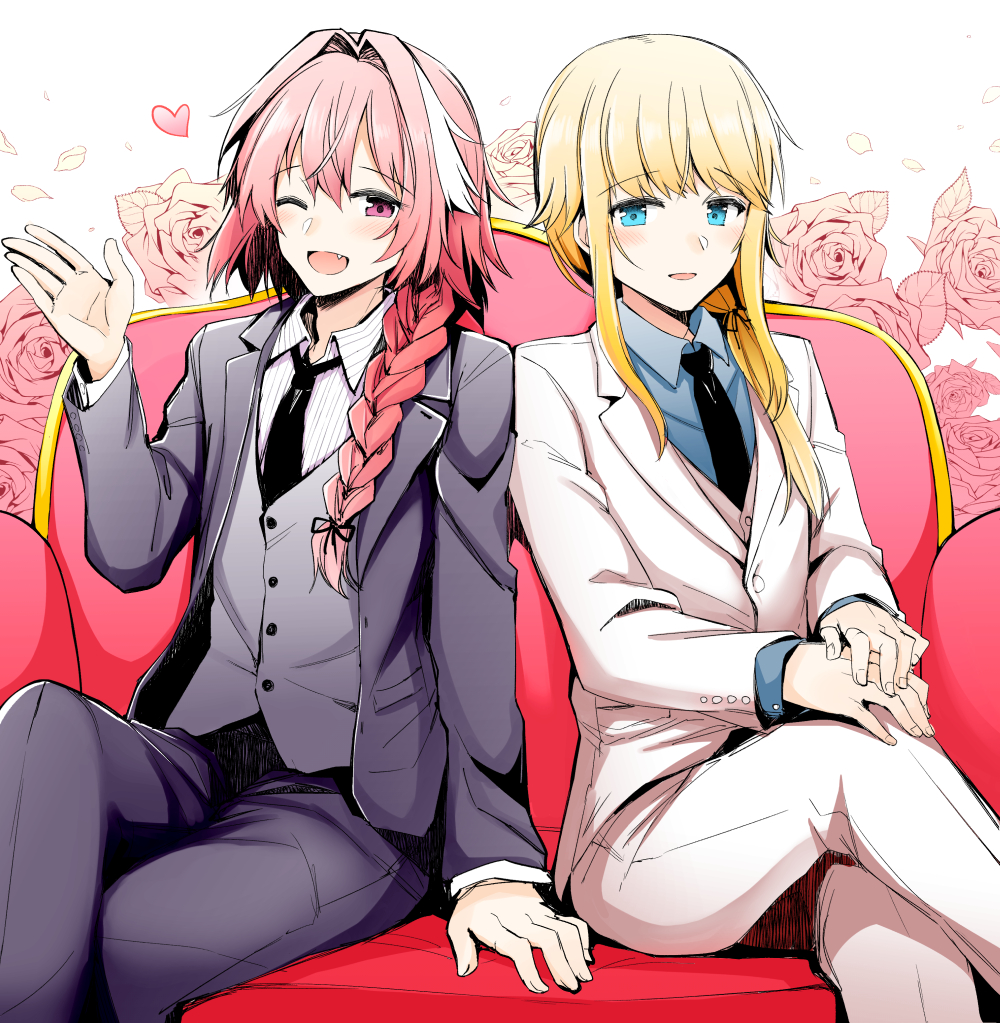 1boy 1other :d ;d arm_at_side astolfo_(fate) bangs black_neckwear black_ribbon blonde_hair blue_eyes blue_shirt blush braid chevalier_d'eon_(fate/grand_order) collared_shirt couch cross eyebrows_visible_through_hair fang fate/grand_order fate_(series) floral_background flower formal grey_vest hair_intakes hair_over_shoulder hair_ribbon hand_up heart jacket long_hair long_sleeves low-tied_long_hair low_ponytail multicolored_hair necktie on_couch one_eye_closed open_clothes open_jacket open_mouth own_hands_together pants petals pink_flower pink_hair pink_rose purple_jacket ribbon rose rose_petals rui_shi_(rayze_ray) shirt sidelocks single_braid sitting smile streaked_hair striped striped_shirt suit vertical-striped_shirt vertical_stripes very_long_hair vest violet_eyes waving white_background white_hair white_jacket white_pants white_shirt wing_collar