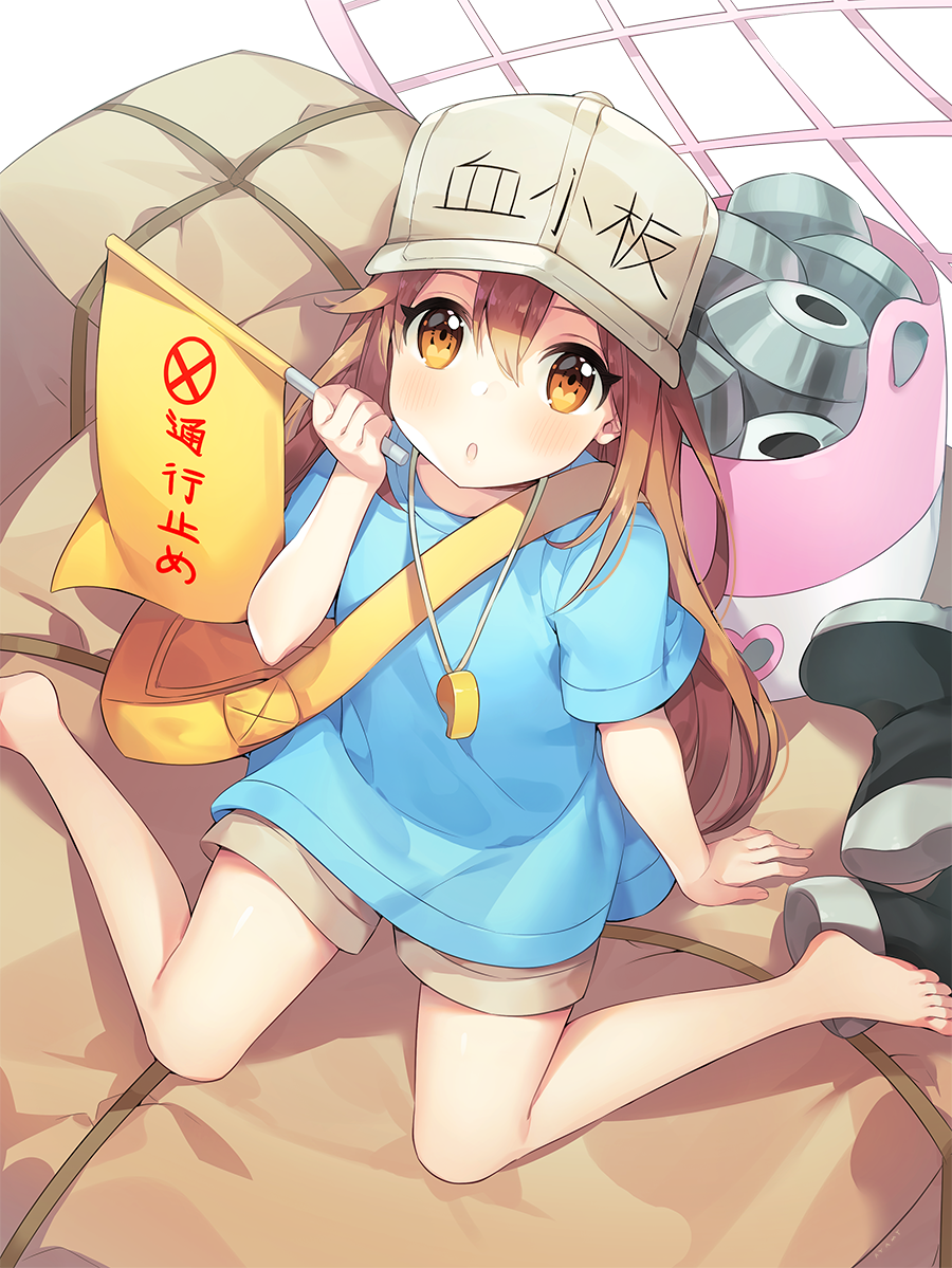 1girl ayamy bag bangs bare_legs barefoot black_footwear blue_shirt blush boots brown_shorts clothes_writing commentary_request eyebrows_visible_through_hair flag flat_cap from_above grey_hat grey_shorts hair_between_eyes hat hataraku_saibou holding holding_flag long_hair looking_at_another looking_at_viewer looking_up open_mouth platelet_(hataraku_saibou) shirt shoes_removed short_sleeves shorts shoulder_bag sitting solo toes wariza whistle