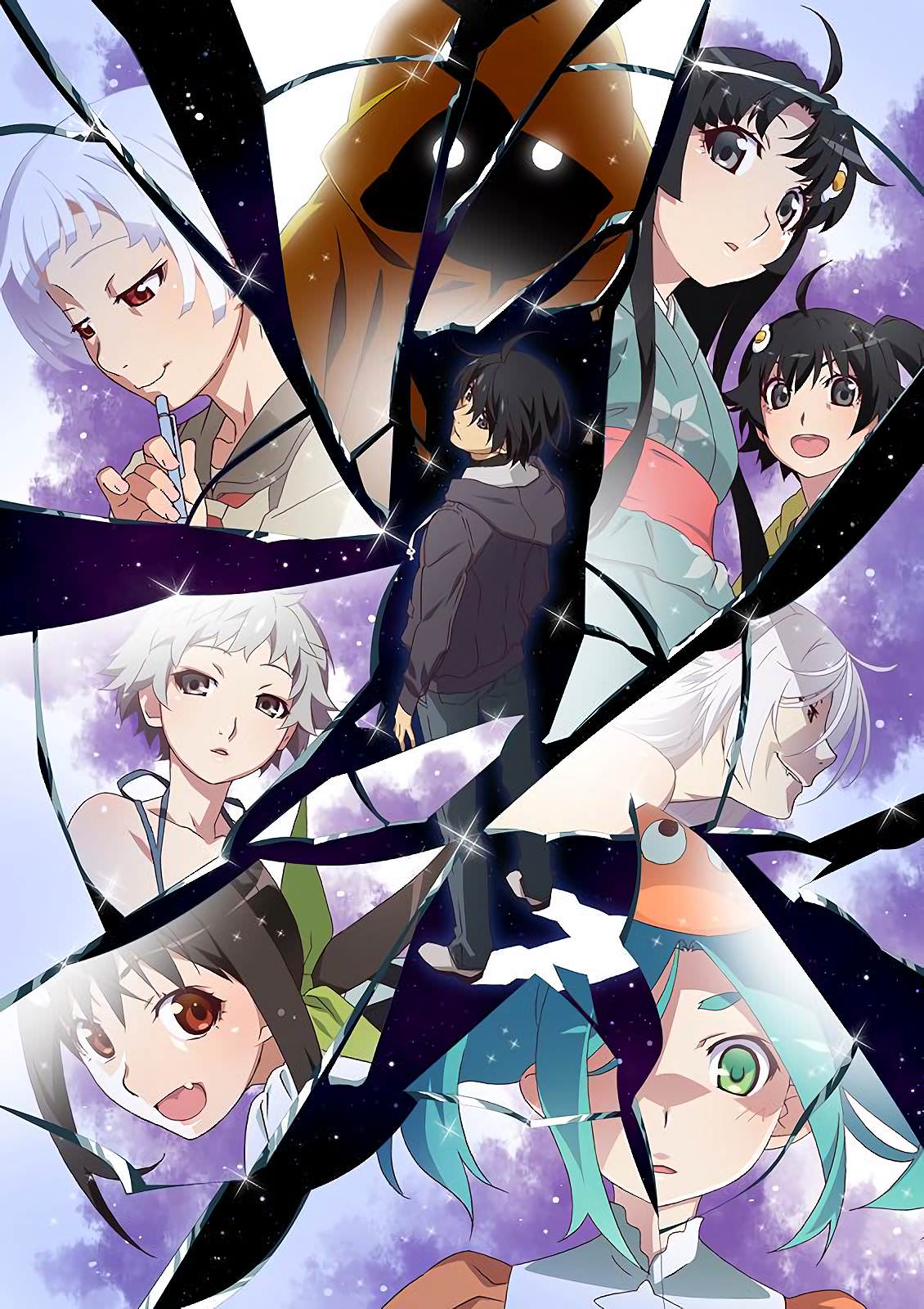 1boy araragi_karen araragi_koyomi araragi_tsukihi black_hair black_hanekawa blue_hair denim green_eyes grey_eyes grey_hair hachikuji_mayoi hair_ornament hairclip hanekawa_tsubasa highres hood hoodie japanese_clothes jeans kanbaru_suruga kimono looking_at_viewer looking_back monogatari_(series) oikura_sodachi ononoki_yotsugi pants raincoat red_eyes sengoku_nadeko shatter shattering twintails watanabe_akio white_eyes white_hair yukata