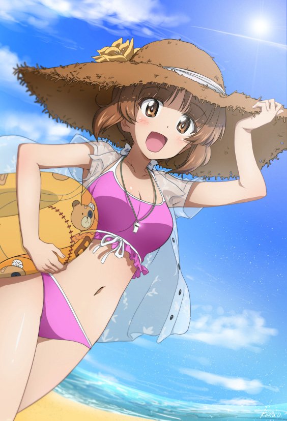 1girl adjusting_clothes adjusting_hat animal_print artist_name bandage bandaid bangs beach bear_print bikini blue_sky boko_(girls_und_panzer) breasts brown_eyes brown_hair brown_hat cleavage clouds cloudy_sky commentary cowboy_shot flower frilled_bikini frills girls_und_panzer hat hat_flower hat_ribbon holding innertube jewelry kanau looking_at_viewer medium_breasts necklace nishizumi_miho ocean open_mouth pink_bikini ribbon see-through shirt short_hair short_sleeves signature sky smile solo standing straw_hat stuffed_animal stuffed_toy sun sun_hat swimsuit teddy_bear whistle white_shirt