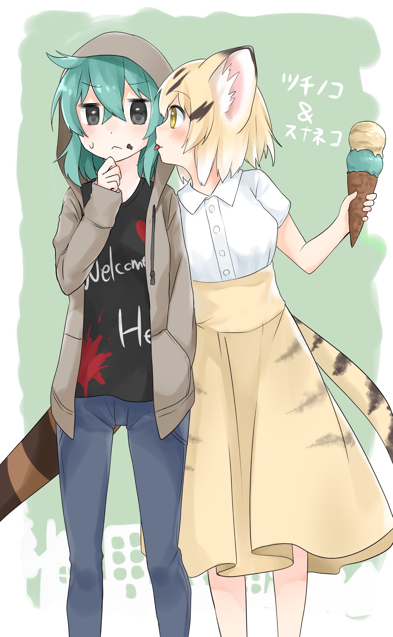 2girls adapted_costume animal_ear_fluff animal_ears blonde_hair blue_hair blush buttons casual cat_ears cat_tail collared_shirt commentary_request denim eyebrows_visible_through_hair food food_on_face high-waist_skirt highres hood hoodie ice_cream ice_cream_cone ice_cream_on_face isobee jeans kemono_friends licking long_sleeves multicolored_hair multiple_girls pants sand_cat_(kemono_friends) shirt short_hair short_sleeves skirt snake_tail tail touhou translated tsuchinoko_(kemono_friends) yellow_eyes yuri