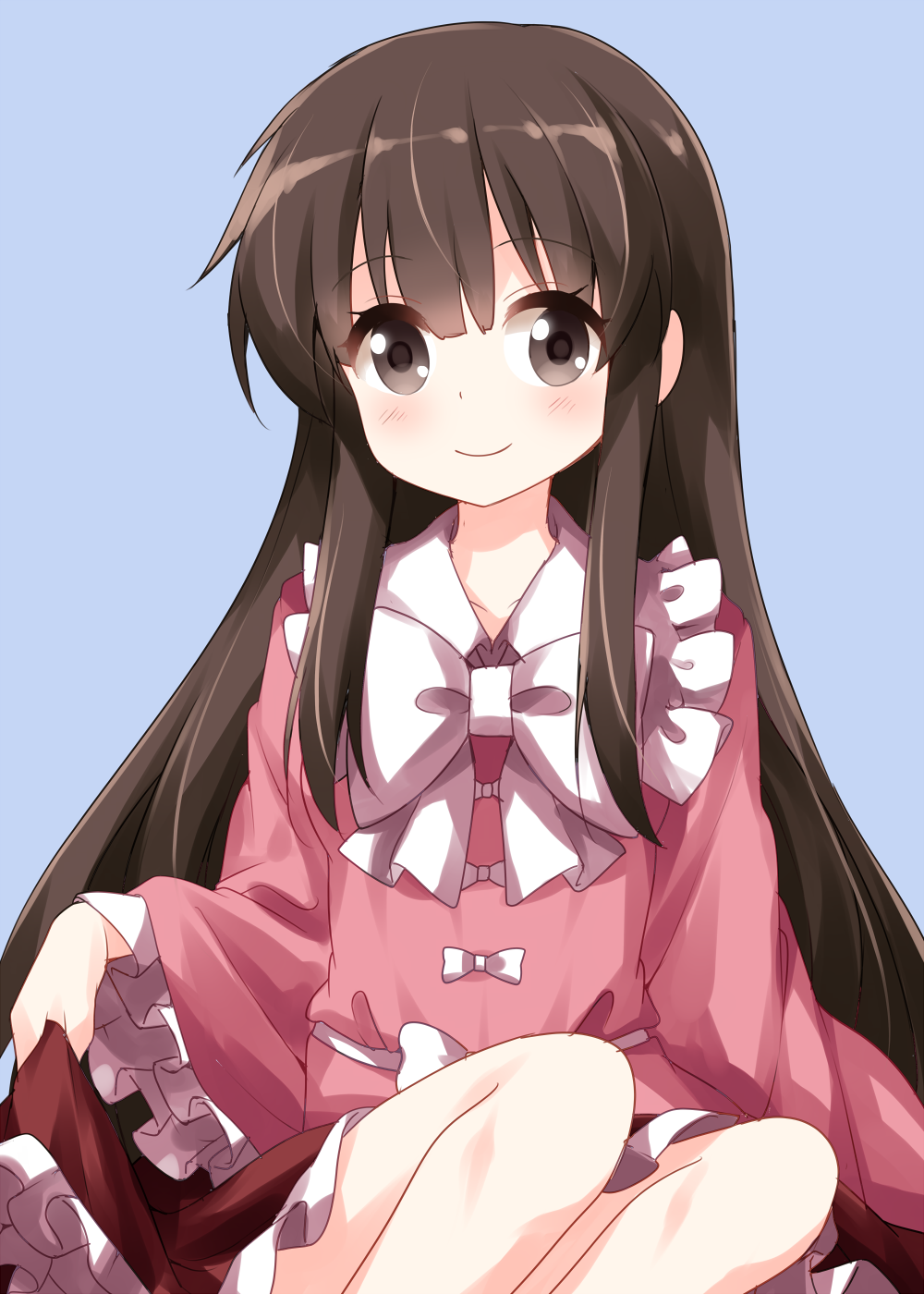 1girl blue_background blush bow brown_eyes dress eyebrows_visible_through_hair frilled_shirt_collar frilled_skirt frilled_sleeves frills hair_between_eyes highres houraisan_kaguya japanese_clothes long_hair long_sleeves looking_at_viewer pink_dress ruu_(tksymkw) shiny shiny_hair simple_background sitting skirt skirt_hold smile solo touhou very_long_hair white_bow white_neckwear