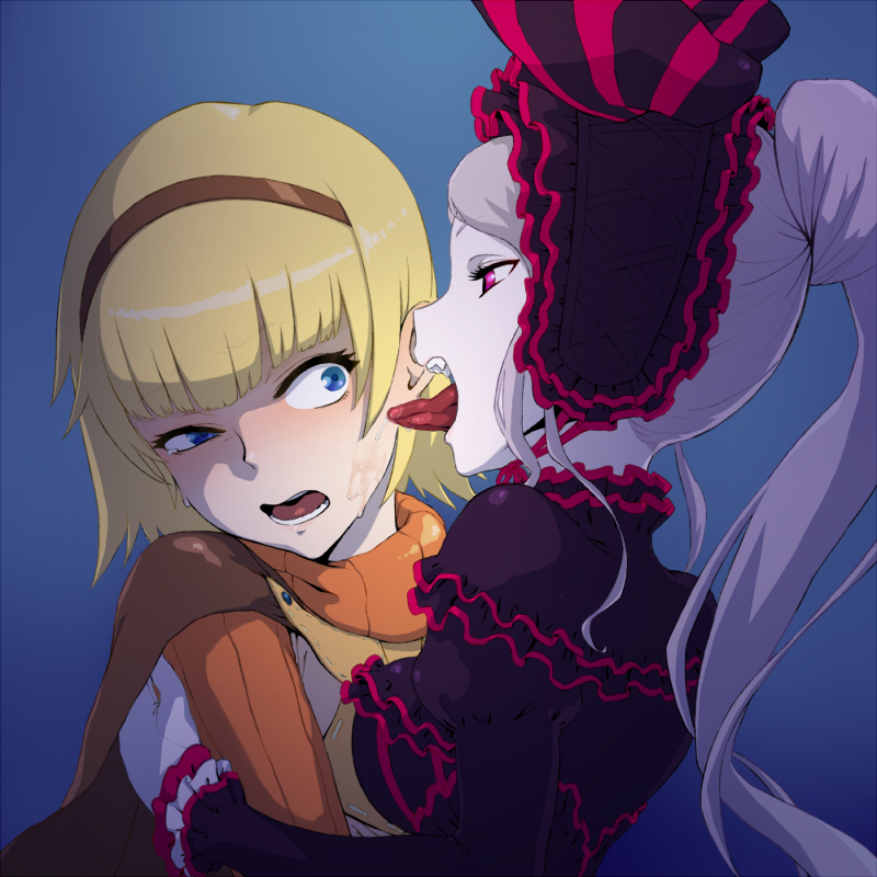 2girls arche_eeb_rile_furt bangs blonde_hair blue_eyes blunt_bangs blush bow breast_press breasts commentary_request dress eyelashes fang fangs frilled_dress frills gothic_lolita hairband half-closed_eyes hand_on_another's_shoulder juliet_sleeves lolita_fashion long_hair long_sleeves medium_breasts multiple_girls nkds-san open_mouth overlord_(maruyama) pale_skin ponytail puffy_sleeves scared shalltear_bloodfallen short_hair silver_hair smile striped striped_bow tears tongue tongue_out upper_body vampire white_skin yuri