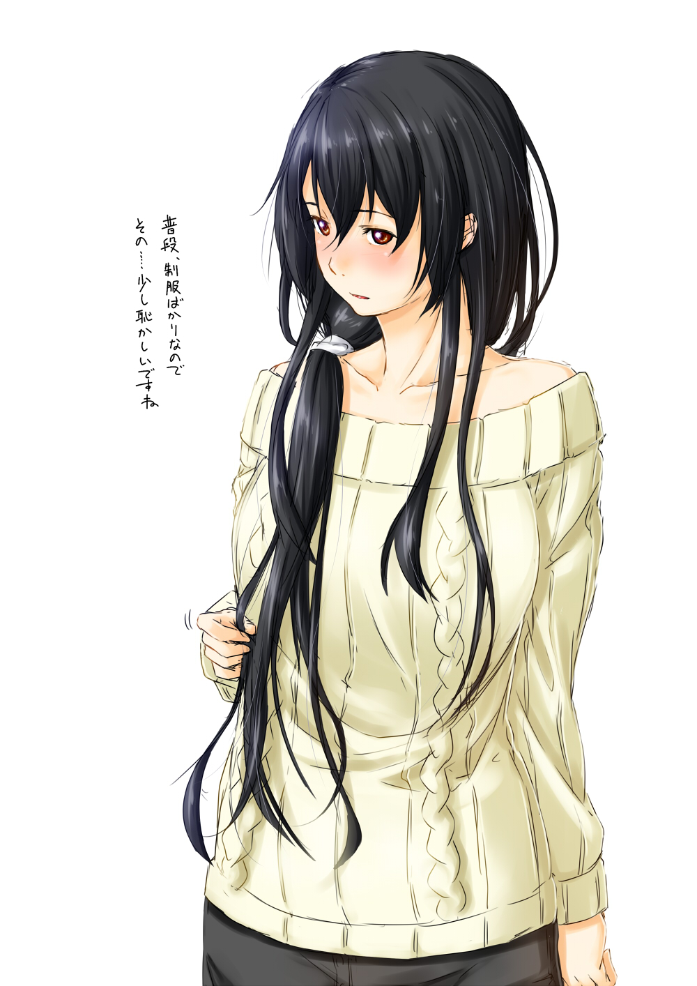 1girl aran_sweater bangs black_hair casual commentary_request female_admiral_(kantai_collection) highres kantai_collection long_hair long_sleeves looking_at_viewer niwatazumi off-shoulder_sweater red_eyes ribbed_sweater simple_background standing sweater tatebayashi_sakurako translated very_long_hair white_background yellow_sweater