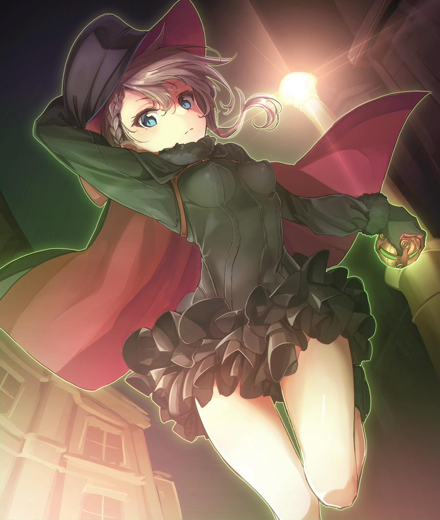 1girl ange_(princess_principal) arm_up bangs black_cape black_dress black_footwear black_gloves black_hat blue_eyes boots breasts brown_hair cape cavorite_ball closed_mouth commentary_request dress dutch_angle eyebrows_visible_through_hair fur-trimmed_sleeves fur_trim gloves hair_between_eyes hand_on_headwear hat holding konnyaku_(kk-monmon) long_sleeves looking_at_viewer multicolored multicolored_cape multicolored_clothes night night_sky outdoors princess_principal red_cape sky small_breasts solo v-shaped_eyebrows