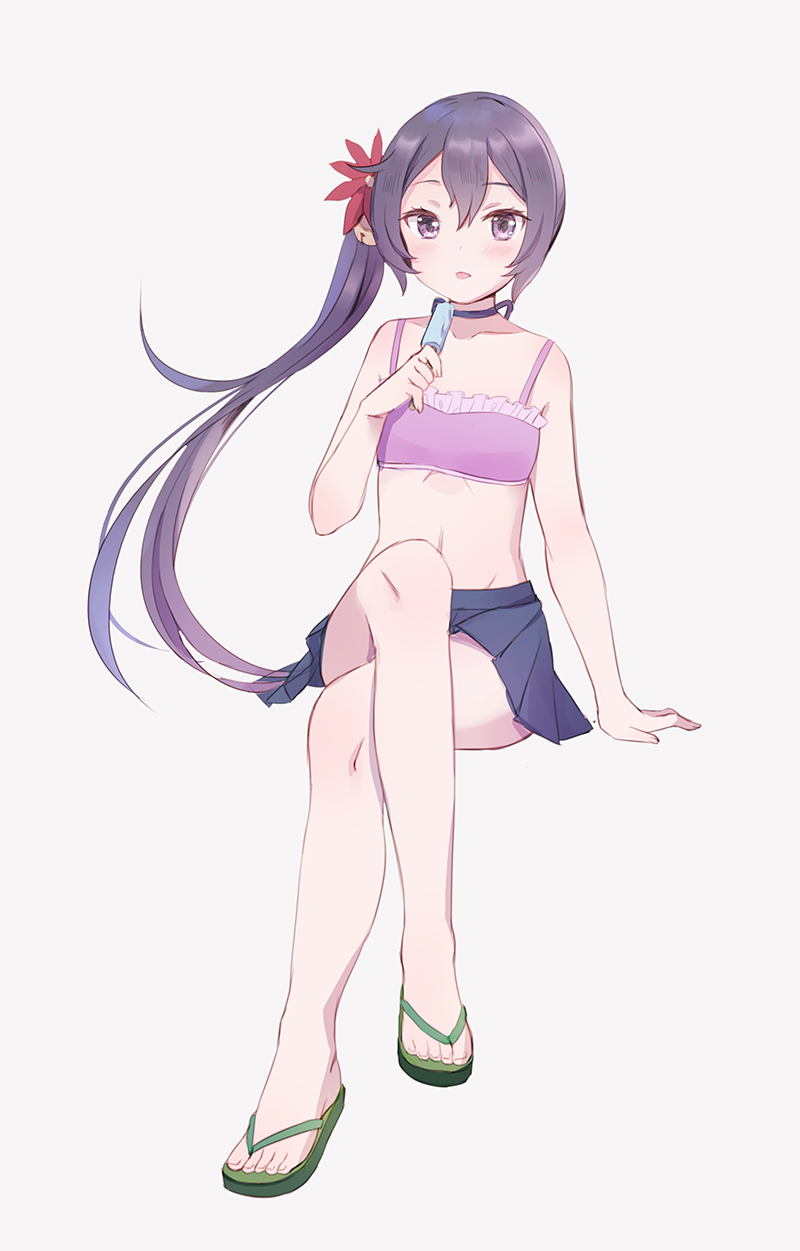 1girl akebono_(kantai_collection) bangs bell bikini bikini_top blush choker collarbone commentary_request emia_wang eyebrows_visible_through_hair flower food frilled_bikini frills full_body green_footwear hair_bell hair_between_eyes hair_flower hair_ornament highres holding kantai_collection legs legs_crossed long_hair looking_at_viewer navel popsicle purple_hair side_ponytail simple_background skirt slippers solo swimsuit tongue tongue_out very_long_hair violet_eyes