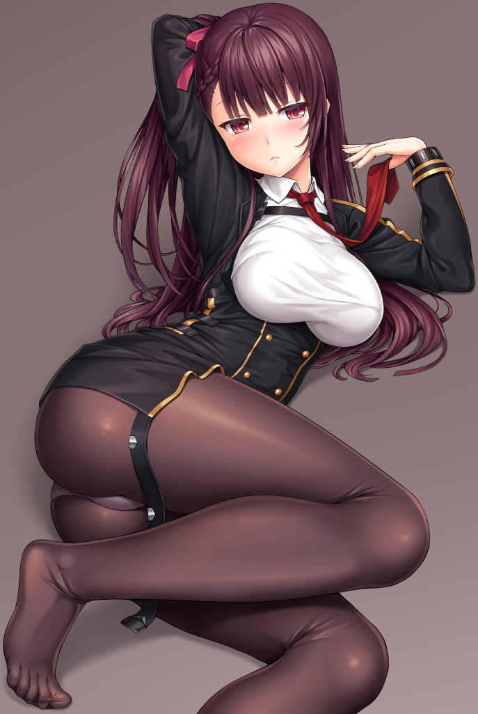 1girl arm_behind_head ass bangs black_legwear black_skirt blazer blush braid breasts closed_mouth eyebrows_visible_through_hair french_braid girls_frontline gloves hair_ribbon half_updo hand_up high-waist_skirt holding_necktie jacket lambda_(kusowarota) large_breasts long_hair long_sleeves looking_at_viewer lying necktie on_side one_side_up pantyhose pink_ribbon purple_background purple_hair red_eyes red_neckwear ribbon shirt sidelocks simple_background skirt solo strap taut_clothes thighs tsurime very_long_hair wa2000_(girls_frontline) white_shirt
