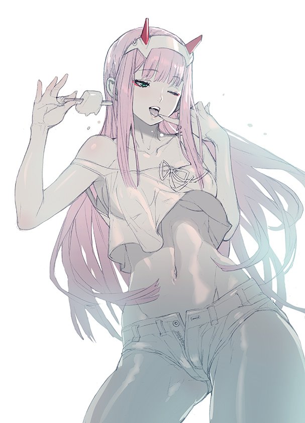 1girl :d bangs bare_shoulders breasts commentary_request covered_nipples crop_top darling_in_the_franxx denim eyebrows_visible_through_hair eyeshadow finger_to_mouth food green_eyes hairband holding holding_food horns jeans maeshima_shigeki makeup medium_breasts midriff navel one_eye_closed oni_horns open_mouth pants pink_hair red_horns smile standing straight_hair strap_slip unbuttoned_pants under_boob white_hairband zero_two_(darling_in_the_franxx)