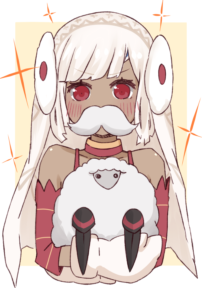 1girl altera_(fate) altera_the_santa animal bangs bare_shoulders blunt_bangs blush breasts choker collarbone dark_skin detached_sleeves earmuffs eyebrows_visible_through_hair fake_facial_hair fake_mustache fate/grand_order fate_(series) gloves headdress holding holding_animal i.u.y looking_at_viewer red_eyes sheep short_hair simple_background small_breasts solo tan veil