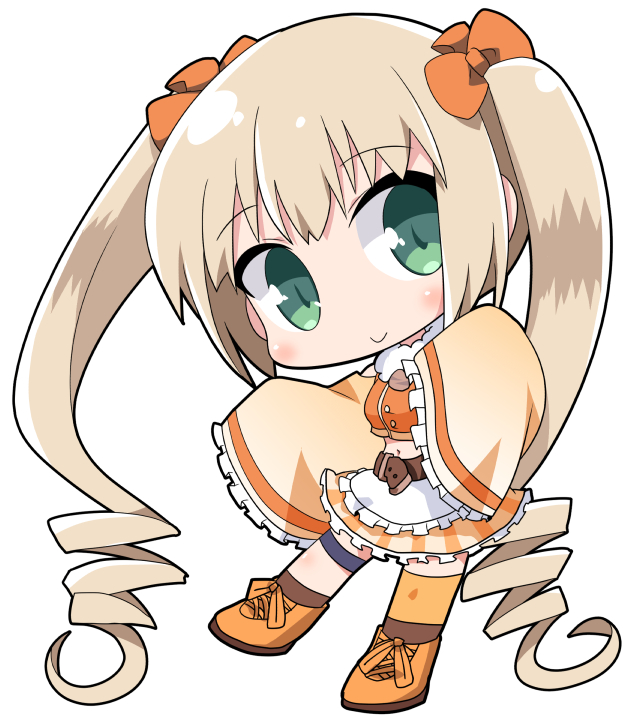 1girl apron bangs blonde_hair bow breasts brown_legwear chibi commentary_request copyright_request detached_sleeves eyebrows_visible_through_hair frilled_apron frilled_sleeves frills full_body fur_collar green_eyes hair_between_eyes hair_bow head_tilt long_sleeves midriff navel orange_bow orange_footwear orange_shirt orange_skirt osaragi_mitama plaid plaid_skirt ringlets shirt shoes sidelocks skirt sleeveless sleeveless_shirt sleeves_past_fingers sleeves_past_wrists small_breasts socks solo twintails waist_apron white_apron wide_sleeves