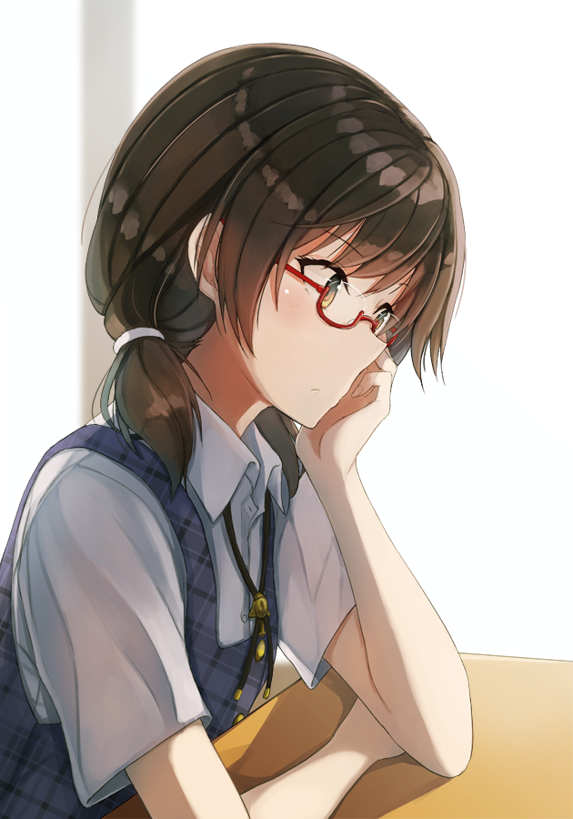 1girl brown_hair chin_rest closed_mouth fumei_(mugendai) glasses low_twintails solo touhou twintails upper_body usami_sumireko