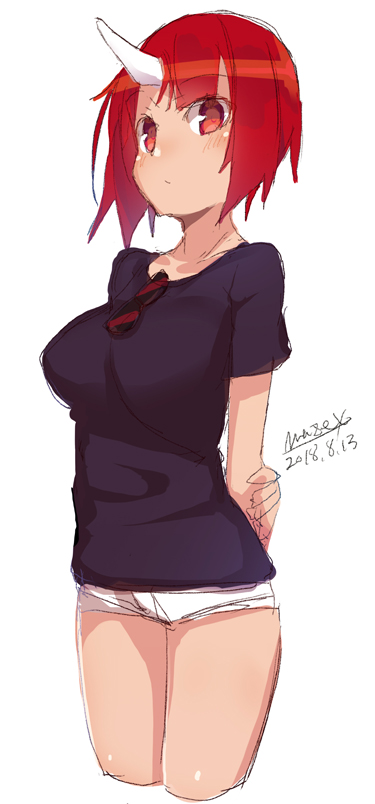 1girl arms_behind_back bangs black_shirt blush breasts closed_mouth collarbone cropped_legs dated eyebrows_visible_through_hair eyewear_removed horn large_breasts looking_at_viewer maze_(gochama_ze_gohan) original red_eyes redhead shirt short_shorts short_sleeves shorts signature simple_background sketch solo sunglasses white_background white_shorts