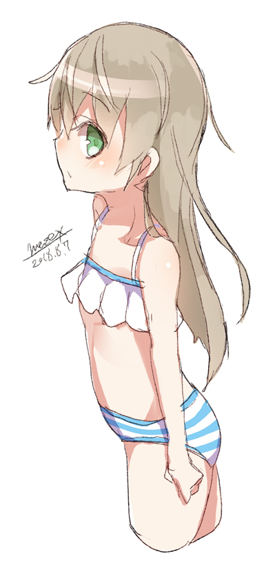 1girl bangs bare_arms bare_shoulders bikini blush closed_mouth collarbone cropped_legs dated eyebrows_visible_through_hair green_eyes hair_between_eyes light_brown_hair long_hair looking_at_viewer looking_to_the_side maze_(gochama_ze_gohan) original profile signature simple_background sketch solo striped_bikini_bottom swimsuit very_long_hair white_background white_bikini_top