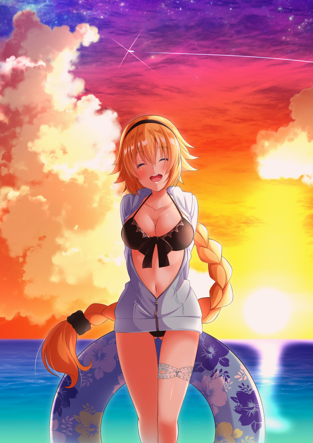 1girl arms_behind_back ass_visible_through_thighs bikini black_bikini black_hairband blonde_hair blurry blurry_background blush braid breasts cleavage closed_eyes clouds collarbone eyebrows_visible_through_hair fate/grand_order fate_(series) floating_hair floral_print front-tie_bikini front-tie_top fukemachi gradient_sky grey_jacket hair_between_eyes hair_ornament hairband head_tilt highres innertube jacket jeanne_d'arc_(fate)_(all) jeanne_d'arc_(swimsuit_archer) large_breasts long_hair navel ocean open_clothes open_jacket open_mouth outdoors partially_unzipped print_innertube shiny shiny_hair single_braid sky smile solo standing star_(sky) starry_sky sun sunset swimsuit thigh_gap very_long_hair