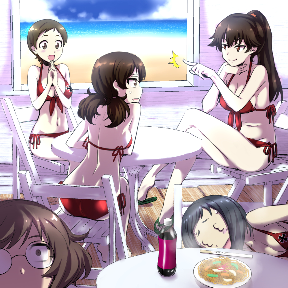 /\/\/\ 3_3 5girls akiyama_yukari arm_rest ass back barefoot beach bespectacled bikini black-framed_eyewear black_hair blue_sky bottle breasts brown_eyes brown_hair chair cleavage closed_mouth clouds cloudy_sky commentary_request constricted_pupils day extra folding_chair food from_behind frown girls_und_panzer glasses hair_tie hand_on_own_throat hands_together indoors interlocked_fingers iron_cross legs legs_crossed looking_at_another looking_at_viewer lying medium_breasts messy_hair multiple_girls nakahira_guy navel ocean on_side open_mouth plate pointing ponytail print_bikini red_bikini ritaiko_(girls_und_panzer) round_eyewear sandals sangou_(girls_und_panzer) short_hair side-tie_bikini sitting sky smile smirk sweatdrop swimsuit twintails very_short_hair wooden_chair wooden_table