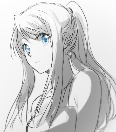 1girl bangs bare_shoulders blue_eyes close-up earrings expressionless eyebrows_visible_through_hair eyelashes fullmetal_alchemist gradient gradient_background grey_background greyscale jewelry long_hair looking_at_viewer monochrome ponytail riru simple_background solo spot_color upper_body white_background winry_rockbell