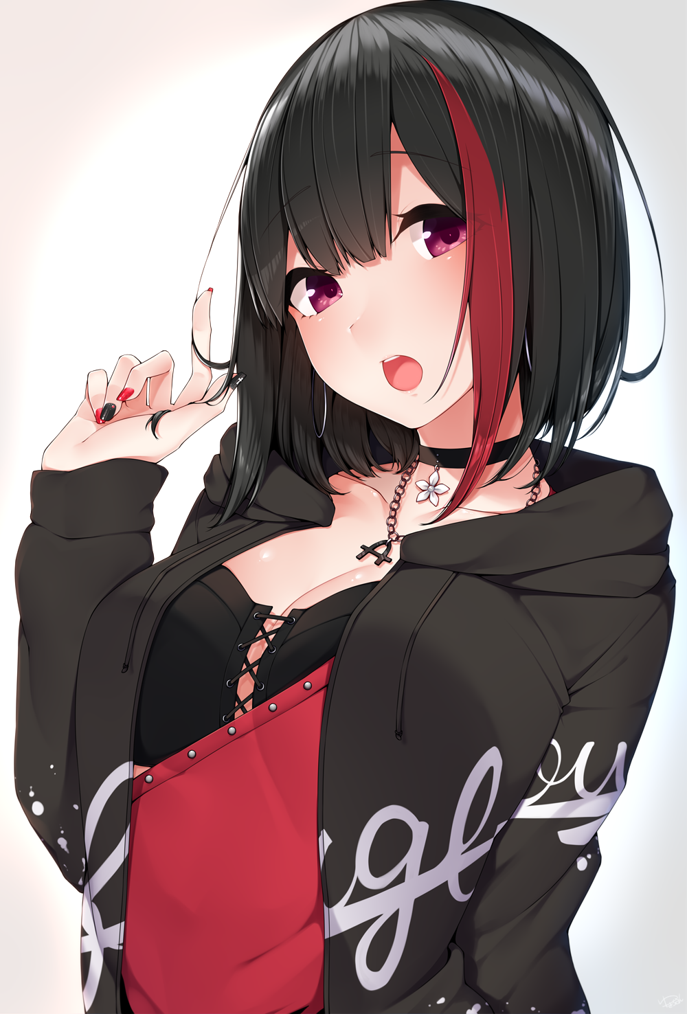 1girl bang_dream! bangs black_bra black_choker black_hair black_jacket bra breasts chain_necklace choker cleavage collarbone eyebrows eyebrows_visible_through_hair hair_twirling hand_up highres hood hoodie jacket jewelry long_sleeves looking_at_viewer medium_breasts mitake_ran multicolored multicolored_hair multicolored_nails nail_polish open_mouth pendant red_eyes red_shirt shirt short_hair solo splatter_print streaked_hair underwear upper_body white_background yukichi_(sukiyaki39)