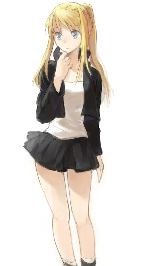 1girl adjusting_clothes arm_at_side bangs bare_legs black_skirt blonde_hair blue_eyes boots expressionless eyebrows_visible_through_hair fullmetal_alchemist jacket long_hair looking_away ponytail riru shaded_face shirt simple_background skirt socks solo standing white_background white_shirt winry_rockbell