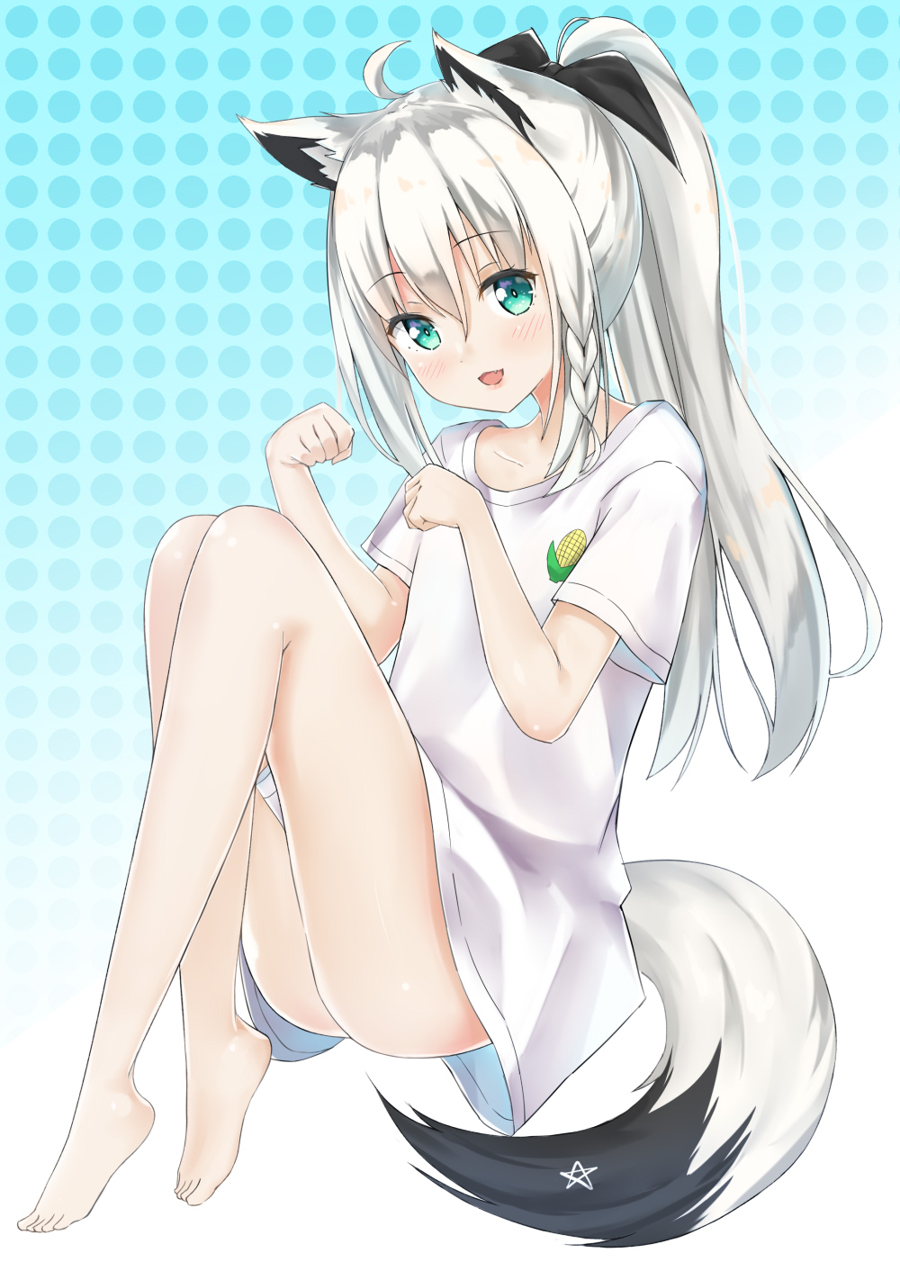 1girl :d animal_ears aqua_background aqua_eyes bare_legs barefoot braid fang fox_ears fox_girl fox_tail gradient gradient_background hair_ribbon highres hololive long_hair naked_shirt open_mouth ponytail ribbon shirakami_fubuki shirt side_braid simple_background smile tail two-tone_background virtual_youtuber white_background