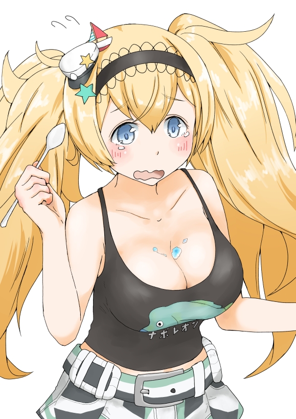 1girl b-man bangs belt blonde_hair blue_eyes breasts cleavage clothes_writing collarbone commentary_request eyebrows_visible_through_hair gambier_bay_(kantai_collection) hair_between_eyes hair_ornament hairband ice kantai_collection large_breasts long_hair low_twintails multicolored multicolored_clothes open_mouth shorts sidelocks tank_top tearing_up tears twintails