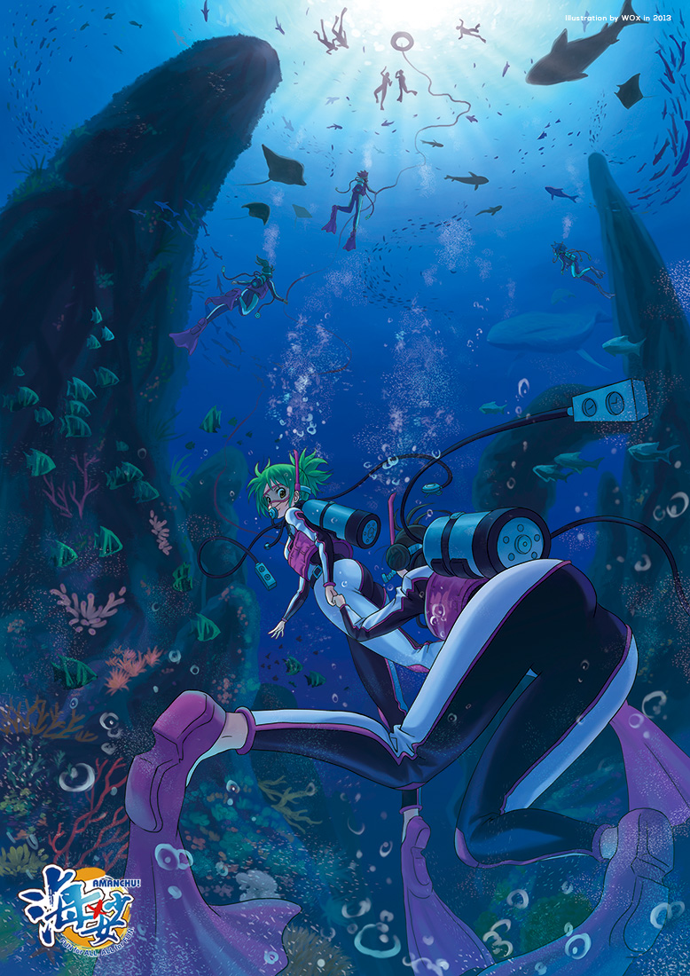air_bubble amanchu! aqua_hair artist_name ass blue bodysuit bubble copyright_name coral coral_reef diving diving_mask diving_suit fish flippers from_behind from_below green_hair hand_holding kohinata_hikari logo looking_back multiple_girls ocean ocean_bottom ooki_futaba perspective ponytail school_of_fish scuba snorkel swimming underwater wetsuit whale wox