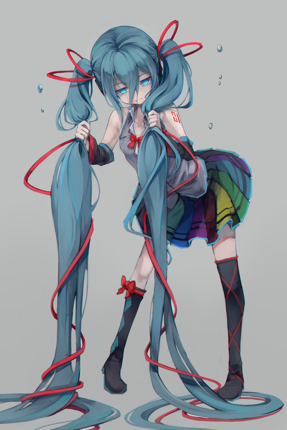 1girl aqua_eyes aqua_hair asymmetrical_legwear closed_mouth detached_sleeves grey_background hair_ribbon hatsune_miku highres kajaneko leaning_forward long_hair multicolored multicolored_clothes multicolored_skirt pleated_skirt ribbon single_thigh_boot skirt solo standing tattoo twintails very_long_hair vocaloid