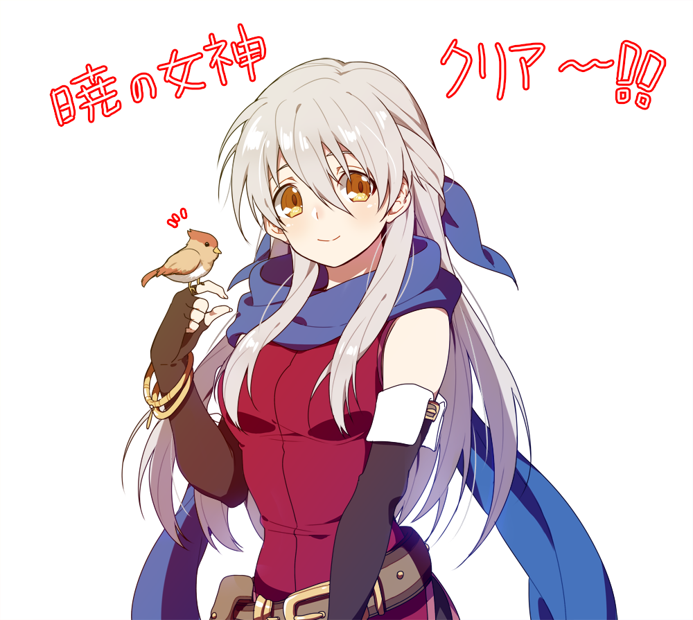 1girl belt belt_pouch bird black_gloves blue_ribbon blue_scarf bracelet closed_mouth elbow_gloves fingerless_gloves fire_emblem fire_emblem:_akatsuki_no_megami gloves hair_ribbon inha_(ingha) jewelry micaiah nintendo pouch ribbon scarf silver_hair simple_background sleeveless smile solo upper_body white_background yellow_eyes yune