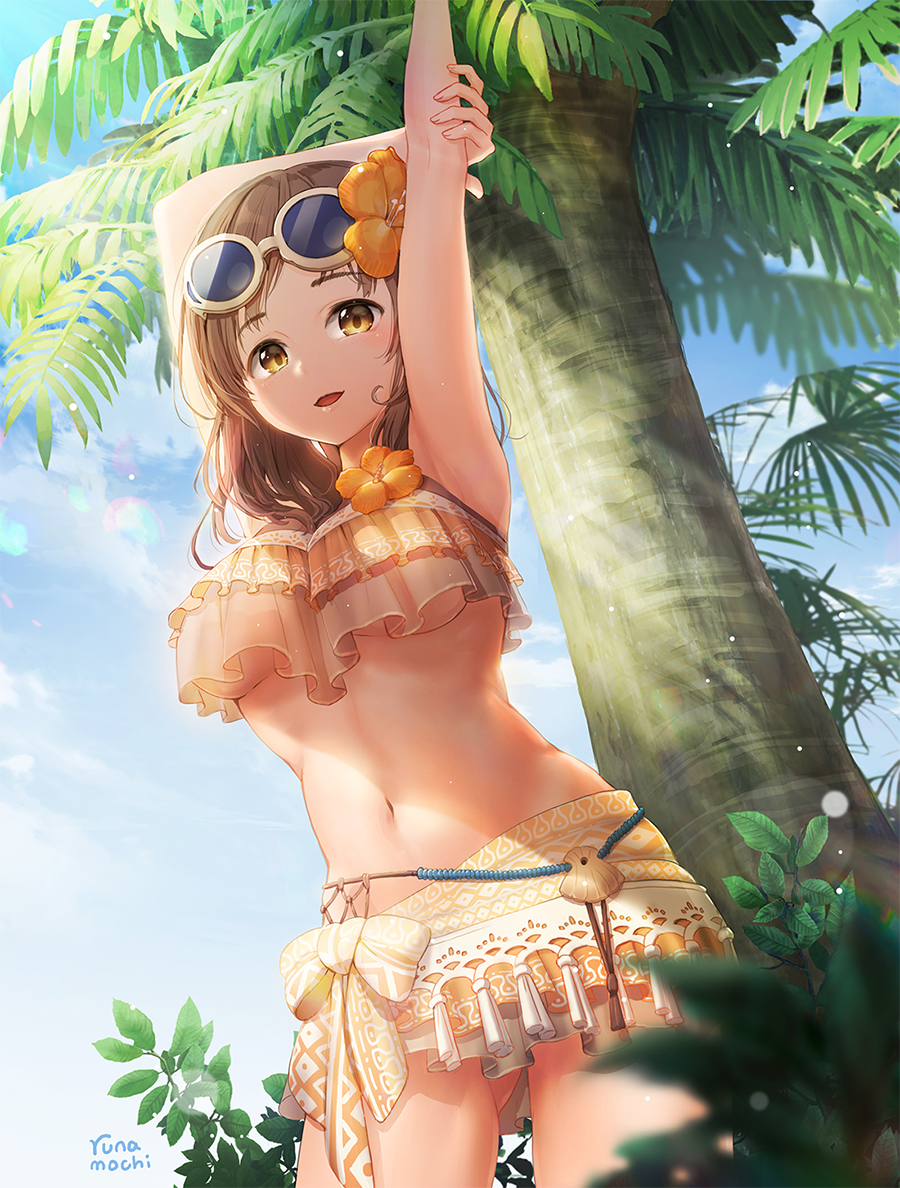 1girl :d arms_up artist_name bikini blue_sky blurry blurry_foreground blush brown-framed_eyewear brown_bikini brown_eyes brown_hair clouds commentary_request day depth_of_field dutch_angle eyewear_on_head flower hair_flower hair_ornament handler_(monster_hunter_world) long_hair looking_at_viewer monster_hunter monster_hunter:_world navel open_mouth orange_flower outdoors palm_tree round_eyewear runamochi signature sky smile solo summer sunglasses swimsuit tree