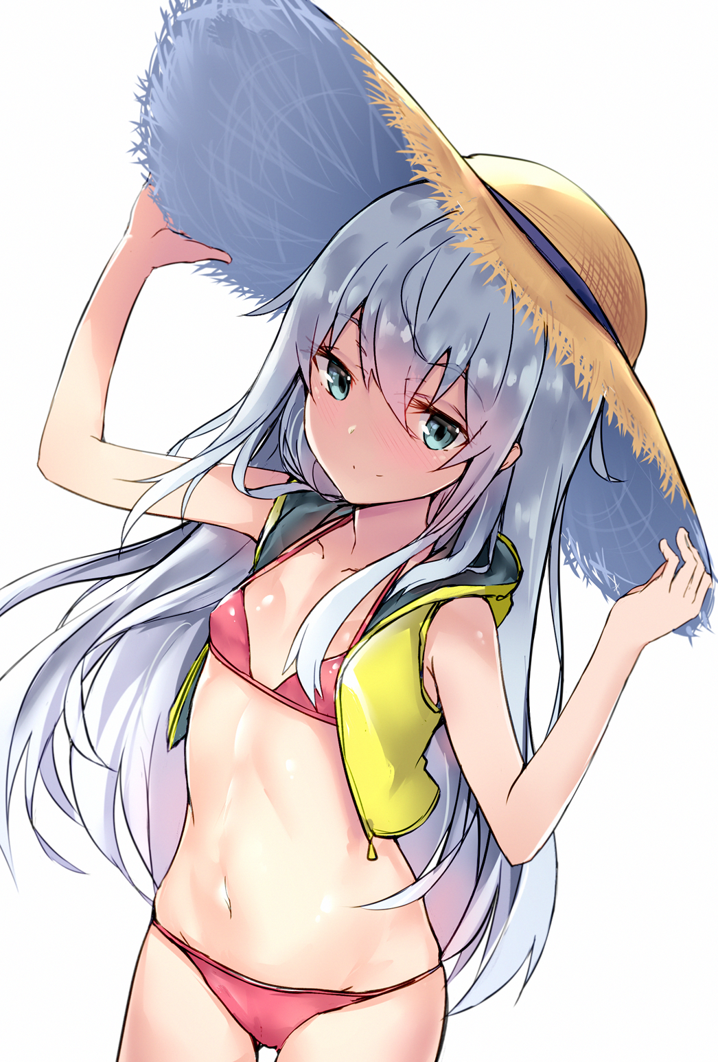 1girl aqua_eyes arms_up bangs bikini blue_hair blush breasts closed_mouth collarbone commentary_request cowboy_shot eyebrows_visible_through_hair hair_between_eyes hands_on_headwear hat hibiki_(kantai_collection) highres kantai_collection kure_(kure_ng) long_hair navel open_clothes open_vest pink_bikini shiny shiny_hair sidelocks simple_background small_breasts smile solo stomach straw_hat string_bikini swimsuit thighs unzipped very_long_hair vest white_background yellow_vest