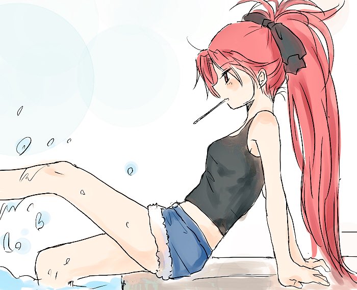 1girl armor blush cutoffs denim denim_shorts food mahou_shoujo_madoka_magica midriff pocky red_eyes redhead sakura_kyouko sattyin shorts soaking_feet solo splashing tank_top white_background