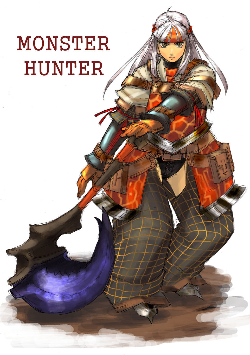 1girl ahoge angry armband armor baggy_clothes bangs belt belt_pouch black_panties blunt_bangs bracer checkered fighting_stance gloves grey_eyes highres huge_weapon lao-shan_lung_(armor) long_hair monster_hunter panties pants pouch scythe sketch solo squatting standing strap tetsu_(kimuchi) thigh-highs thighs turtleneck underwear weapon white_hair wristband