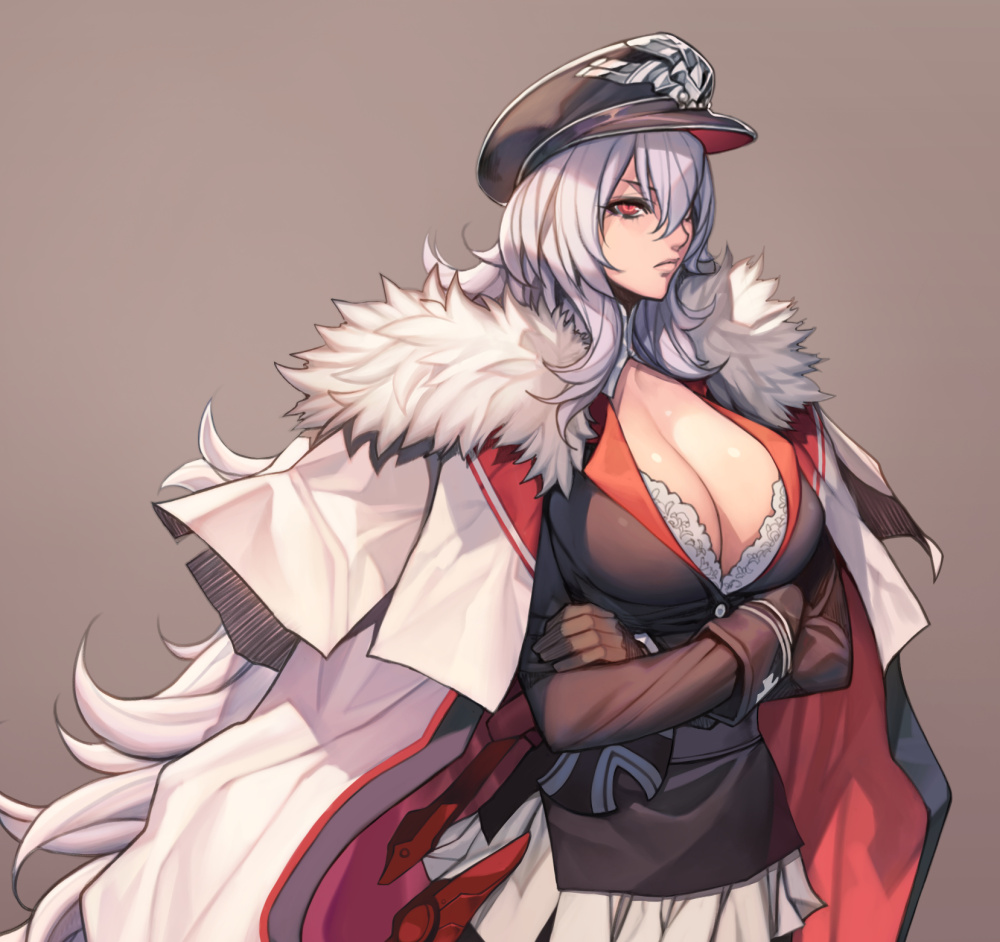 azur_lane breasts cape cleavage crossed_arms fur_trim graf_zeppelin_(azur_lane) hat large_breasts long_hair long_sleeves oda_non peaked_cap red_eyes simple_background uniform upper_body white_hair