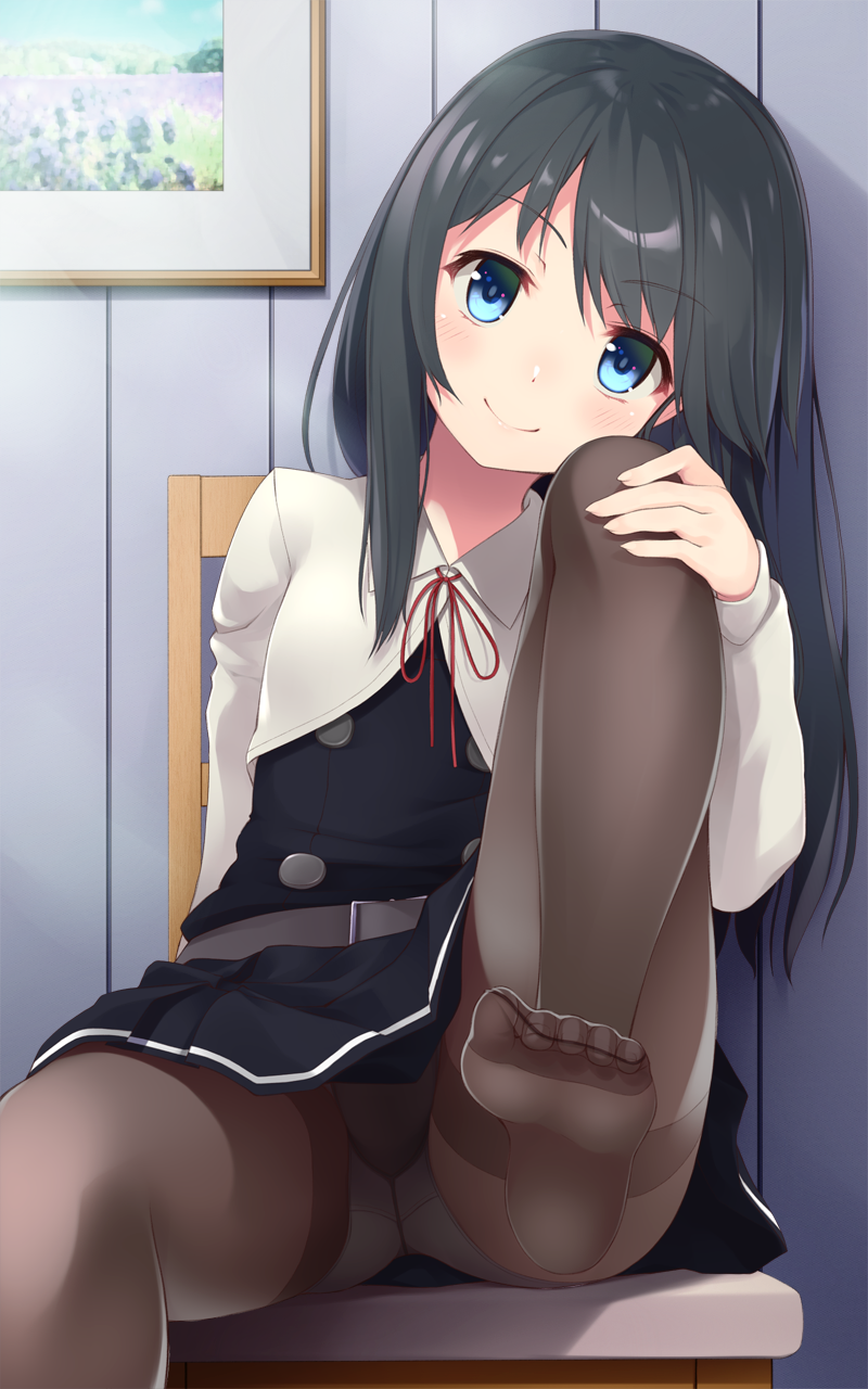 1girl asashio_(kantai_collection) bangs belt black_dress black_hair black_legwear blue_eyes blush buttons chair commentary_request double-breasted dress eyebrows_visible_through_hair hand_on_own_leg head_tilt highres kantai_collection leg_up long_hair long_sleeves looking_at_viewer mofu_namako neck_ribbon no_shoes panties panties_under_pantyhose pantyhose picture_(object) picture_frame pinafore_dress red_neckwear red_ribbon remodel_(kantai_collection) ribbon school_uniform sitting smile solo thighband_pantyhose underwear upskirt