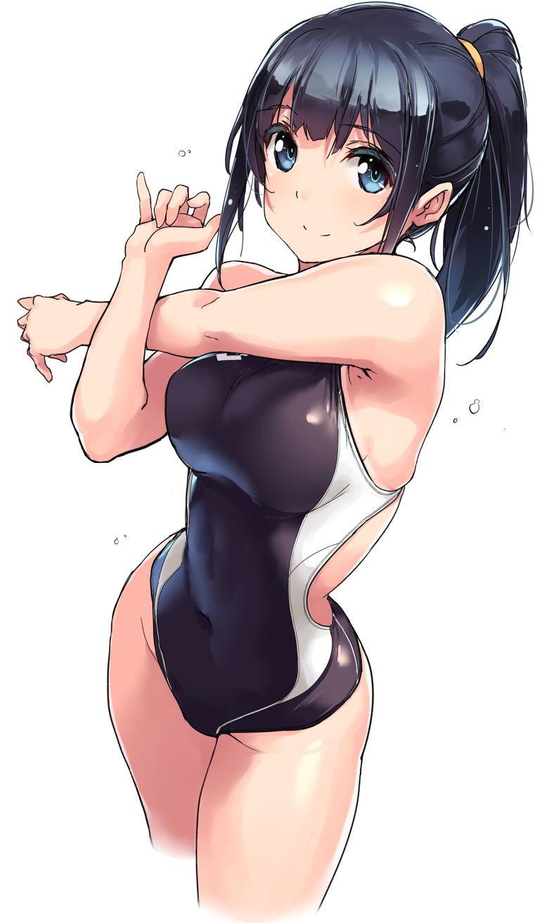 1girl back_cutout backlighting black_hair black_swimsuit blue_eyes breasts competition_swimsuit covered_navel cowboy_shot crossed_arms hands_up highres looking_at_viewer medium_breasts one-piece_swimsuit one-piece_tan original ponytail shimazu_tekkou shiny shiny_clothes shiny_skin sidelocks simple_background smile solo swimsuit tan tanline water_drop