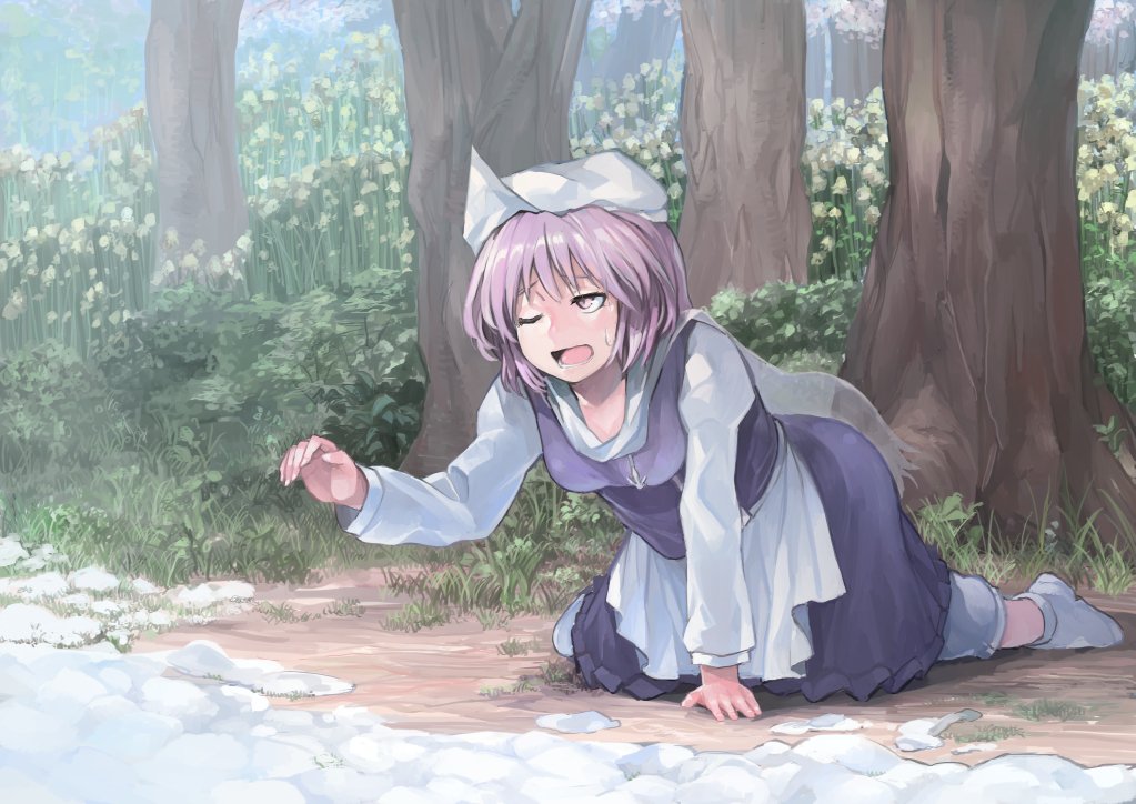 1girl apron bangs bloomers blue_skirt blue_vest breasts cleavage flower forest grass hand_up hat ichiba_youichi juliet_sleeves kneeling lavender_eyes lavender_hair letty_whiterock long_sleeves looking_afar nature one_eye_closed open_mouth outdoors pin polearm puffy_long_sleeves puffy_sleeves reaching_out scarf short_hair skirt snow solo sweatdrop touhou transparent tree trident underwear vest waist_apron weapon white_footwear white_sleeves