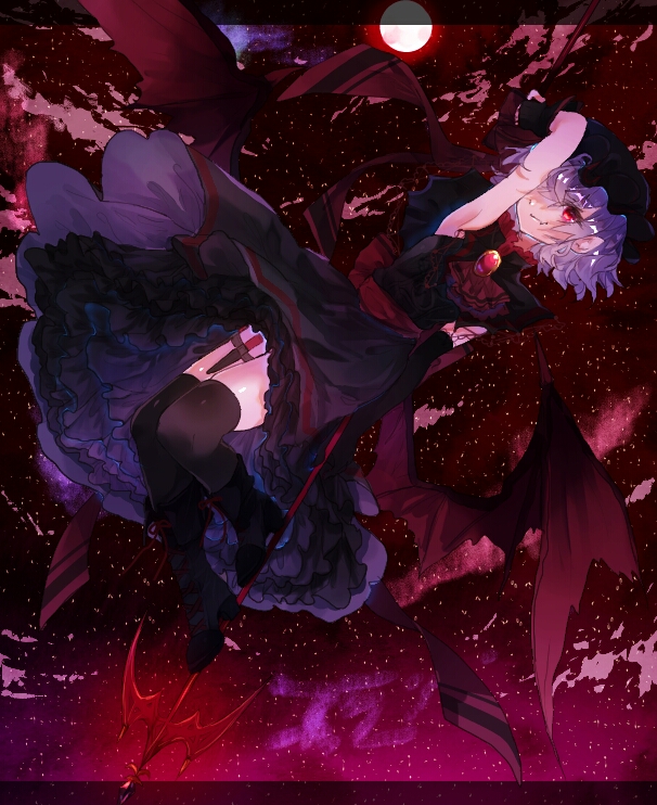 1girl arm_up armpits asymmetrical_gloves black_dress black_footwear black_gloves black_hat black_legwear boots dress elbow_gloves fingerless_gloves full_body full_moon gloves gothic_lolita hair_over_one_eye hat knife lolita_fashion long_dress looking_at_viewer moon red_eyes red_sky red_wings remilia_scarlet short_hair silver_hair sky sleeveless sleeveless_dress solo star_(sky) starry_sky thigh-highs thigh_strap touhou wings