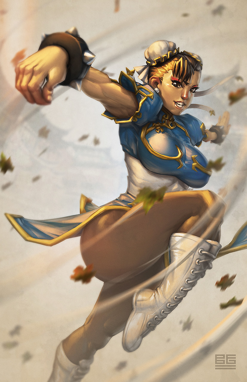 1girl bangs blackgaruda blue_dress boots bracelet breasts brown_eyes brown_hair brown_legwear bun_cover capcom china_dress chinese_clothes chun-li cross-laced_footwear double_bun dress earrings eyeshadow falling_leaves fighting_stance highres jewelry knee_up large_breasts leaf makeup martial_arts outstretched_arms pantyhose parted_lips pelvic_curtain pose puffy_short_sleeves puffy_sleeves sash short_sleeves side_slit spiked_bracelet spikes street_fighter thick_thighs thighs white_footwear