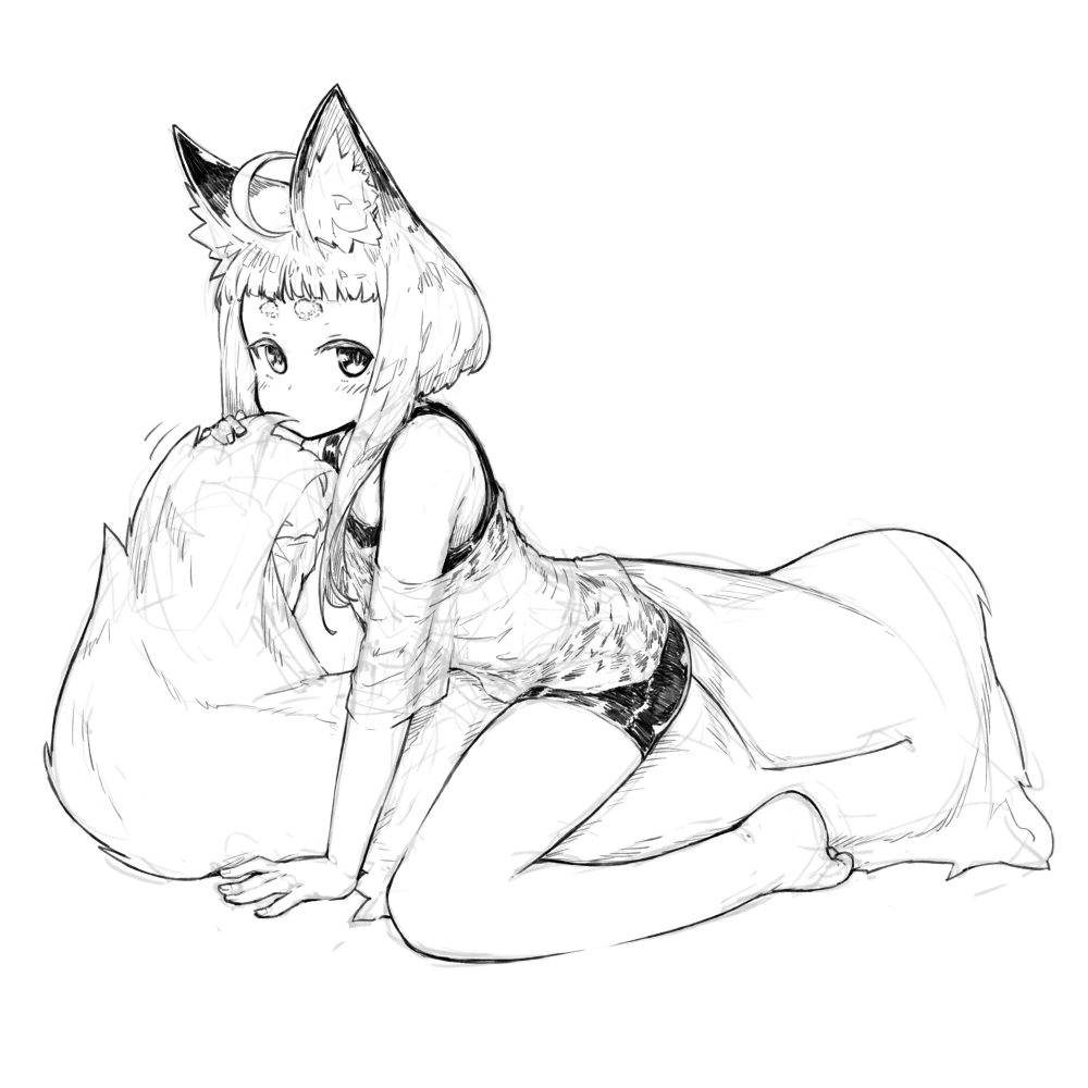 1girl ahoge animal_ears bare_legs bare_shoulders barefoot blush closed_mouth commentary_request fox fox_ears fox_tail greyscale jaco large_tail monochrome off_shoulder original shirt short_eyebrows short_hair simple_background solo straddling tail white_background